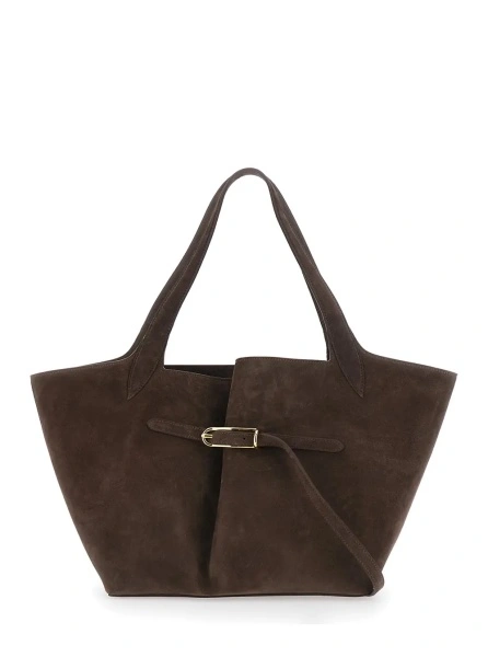 Geanta de mana Brown tote bag with front buckle strap in suede for women