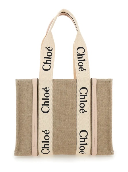 Geanta de mana Handbag 'Medium Woody' with Logo in Linen Canvas Beige Woman