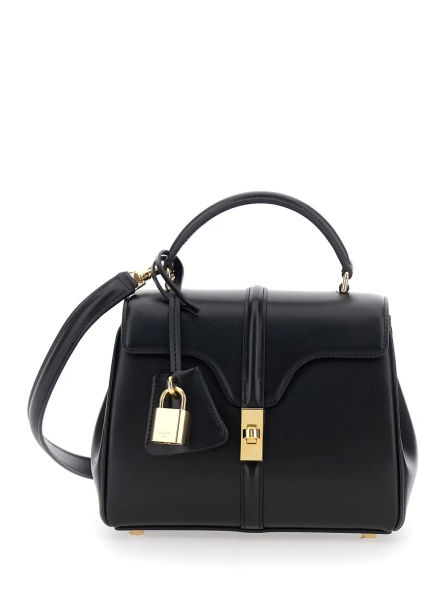 Geanta de mana Handbag 'Mini 16' with Adjustable and Removable Shoulder Strap and Turn Lock Closure on the Front in Black Leather for Women