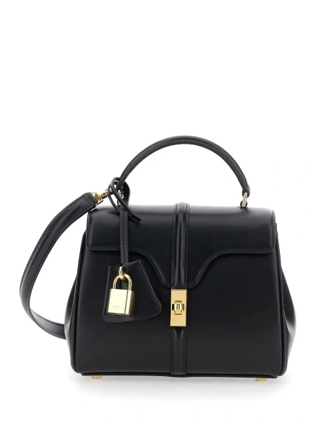 Geanta de mana Handbag 'Mini 16' with Adjustable and Removable Shoulder Strap and Turn Lock Closure on the Front in Black Leather for Women