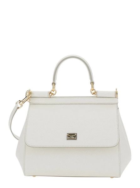Geanta de mana Handbag 'Sicily Piccola' with Adjustable and Removable Shoulder Strap and Logo Plate on Front in Grained White Leather for Women