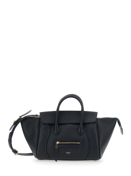 Geanta de mana 'Luggage' Black Small Handbag with Adjustable and Removable Shoulder Strap and Logo Lettering on the Front in Leather for Women