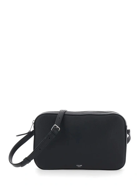 Geanta de umar Black Crossbody bag with Adjustable Strap and Logo lettering on the Front in Leather for Men