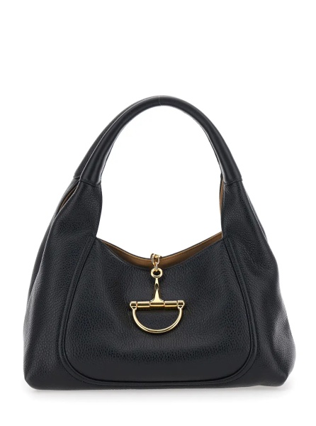 Geanta de umar Black Shoulder Bag 'Softbit Grande' with Maxi Horsebit in Hammered Leather for Women