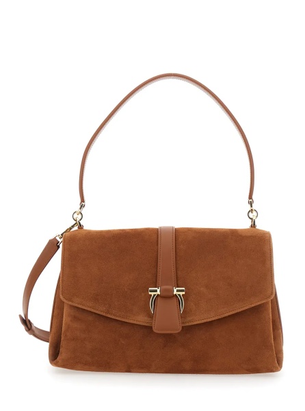 Geanta de umar Brown Crossbody bag with Adjustable and Removable Strap and Closure with Gancini Plaque in Suede for Women