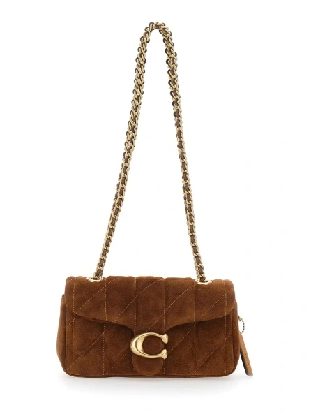 Geanta de umar Brown Crossbody bag with Chain Handles and Logo Plaque on Front in Quilted Suede for Women