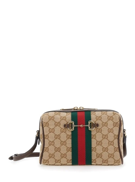 Geanta de umar Brown Shoulder bag with Horsebit plaque and Web stripe and adjustable strap in GG Canvas for women