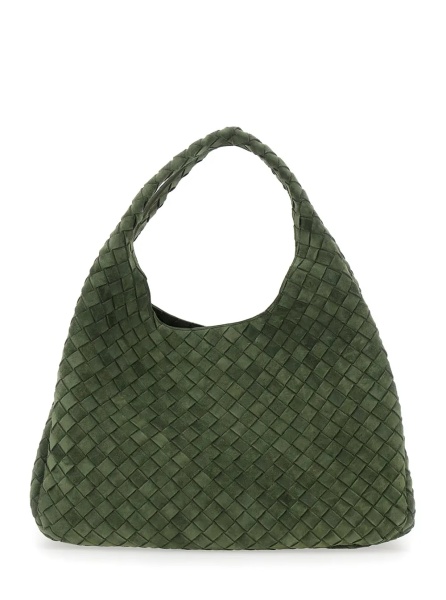Geanta de umar 'Campana' Green Large Shoulder bag with top handle and Intrecciato motif in suede for women
