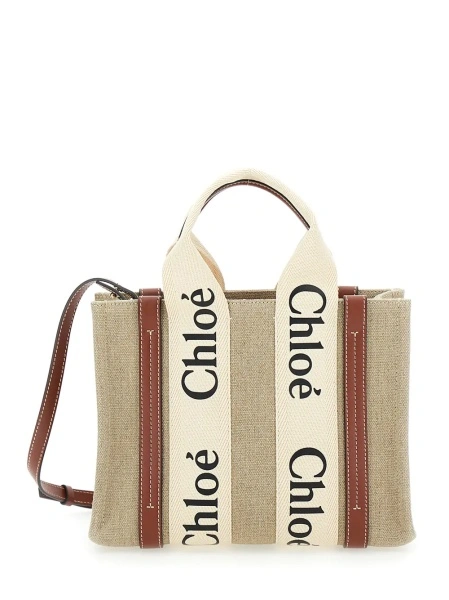 Geanta de umar Chloe 'Woody' bej din canvas si piele