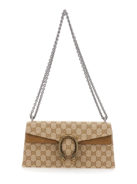Geanta de umar 'Dionysius' Beige Shoulder Bag with Metal Plate on the Front and all-over GG motif in fabric Women