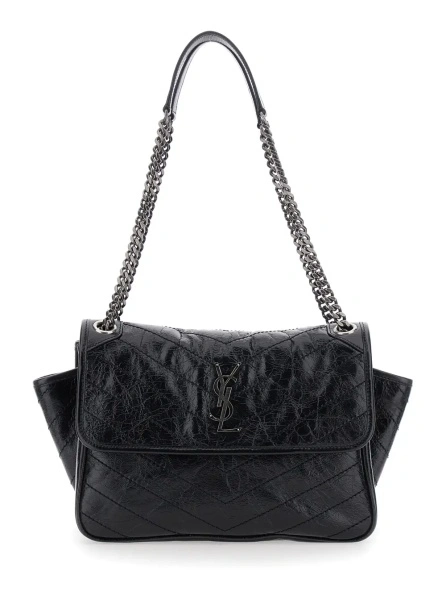 Geanta de umar 'Niki Tripouch' Black Crossbody bag with two chain handles and Cassandre plaque on the front in leather for women