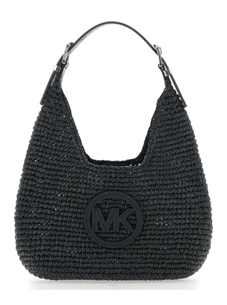Geanta de umar 'Nolita Small' Black Shoulder Bag with Leather Logo on the Front and Woven Design in Raffia Women