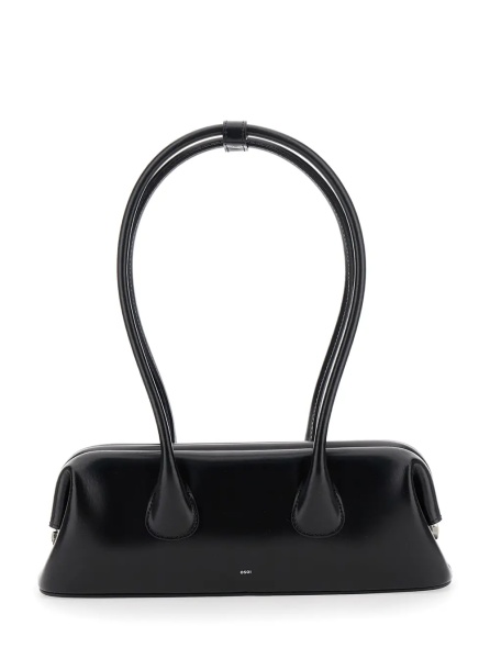 Geanta de umar Shoulder bag 'Boat Wide Mini' with Round Handles and Logo Lettering on the Front in Black Leather Woman
