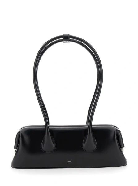 Geanta de umar Shoulder bag 'Boat Wide Mini' with Round Handles and Logo Lettering on the Front in Black Leather Woman