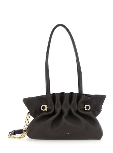 Geanta de umar 'Soft Bag' Brown Small Shoulder bag with Gancini on the front and chain strap in leather for women