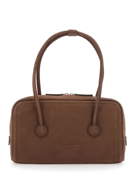 Geanta de umar 'Soft Boston' Brown Small Shoulder bag with Two Top Handles and Logo lettering on the Front in Leather for Women
