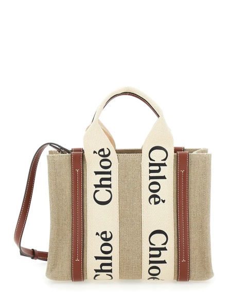 Geanta de umar Tote bag 'Woody' with Logoed Straps in Canvas and Leather Beige Woman