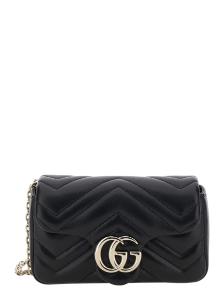 Genti Mini 'Ophidia' Bag with Chain Strap and GG Plaque on Front in Black Leather for Women