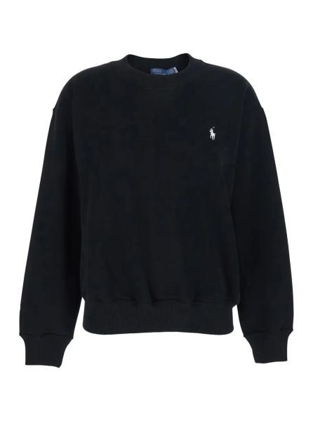 Hanorace Black Crew Neck Sweatshirt with Dropped Shoulders and Embroidered Pony on the Front in Cotton Blend Woman