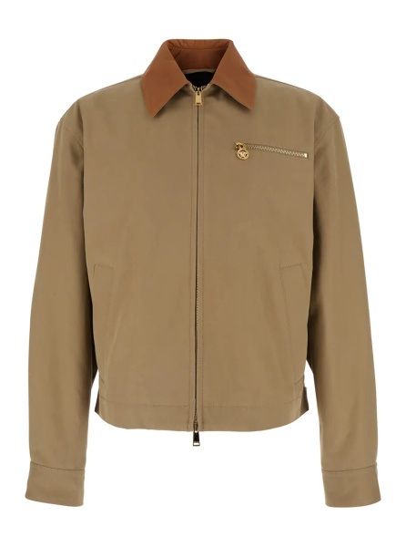 Jacheta Beige Jacket with Leather Collar and Medusa Head Metallic Detail in Cotton for Men