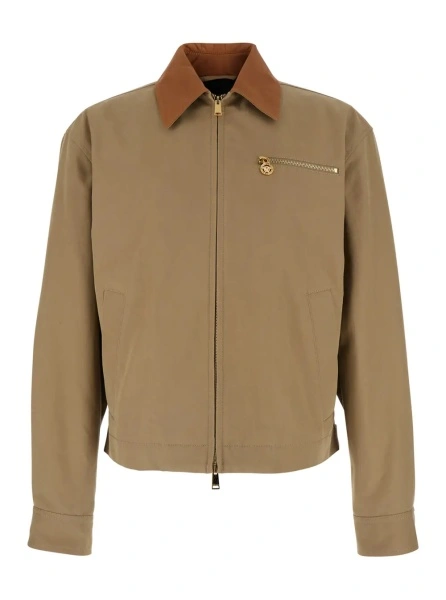 Jacheta Beige Jacket with Leather Collar and Medusa Head Metallic Detail in Cotton for Men