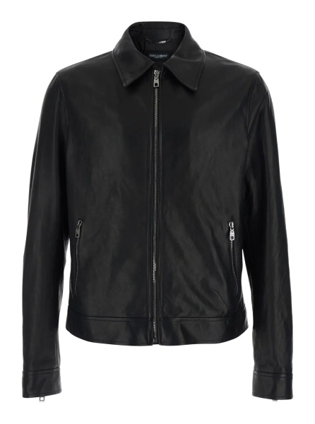Jacheta Black Jacket with classic collar and logo patch on the back in leather for men