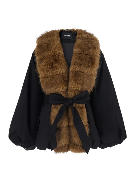 Jacheta Black Jacket with front belt in ecofur for women