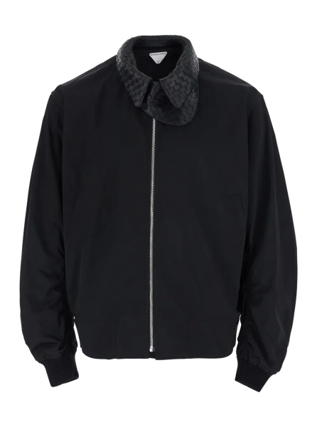 Jacheta Black Jackets with leather collar with Intreccio design in Tech Fabric men