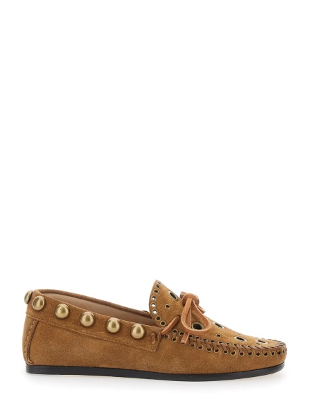 Mocasini Brown Loafers with Cut-Out Front and All-Over Metal Details in Suede Woman