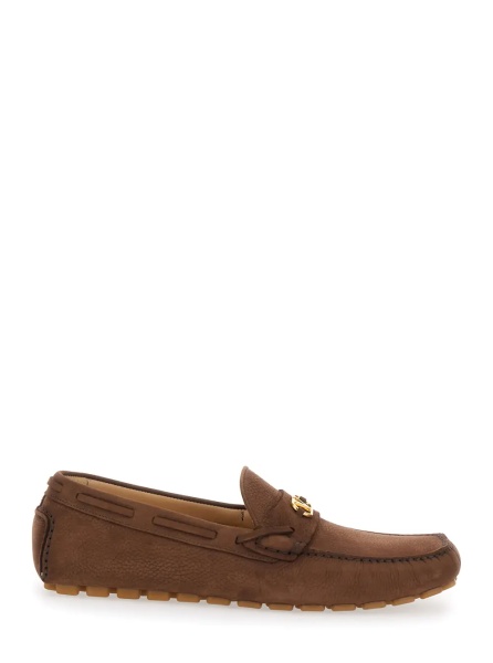 Mocasini Brown Loafers with Round Toe and VLogo Plaque in Suede Man