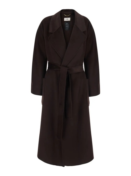 Paltoane Brown Coat with wide notched revers and front belt in wool for women