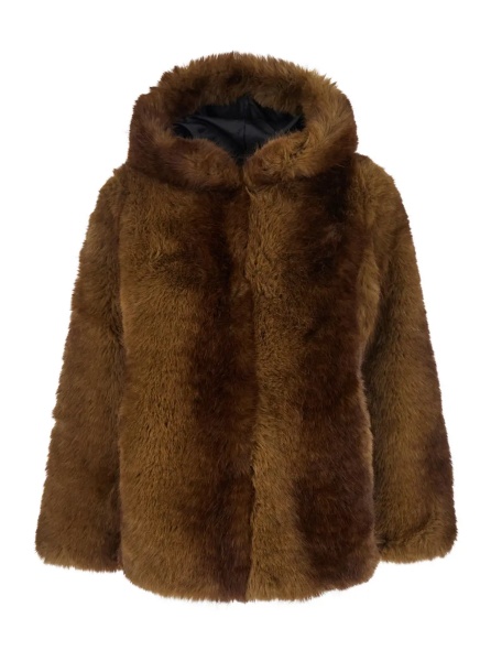 Paltoane Brown Eco-Fur Coat with Fixed Hood for Women