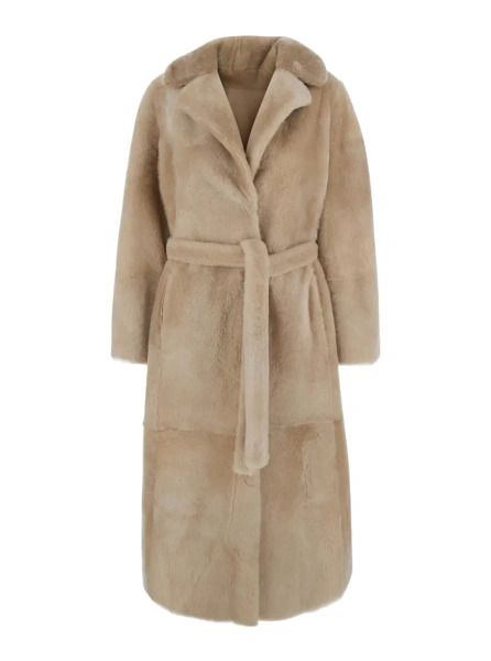 Palton beige shearling coat with reversible design and waist belt in fur Women