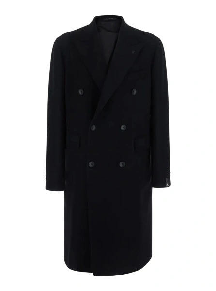 Palton Black Coat with Notched Revers and Double-breasted Closure in Wool for Men