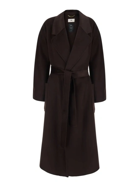 Palton Brown Coat with wide notched revers and front belt in wool for women