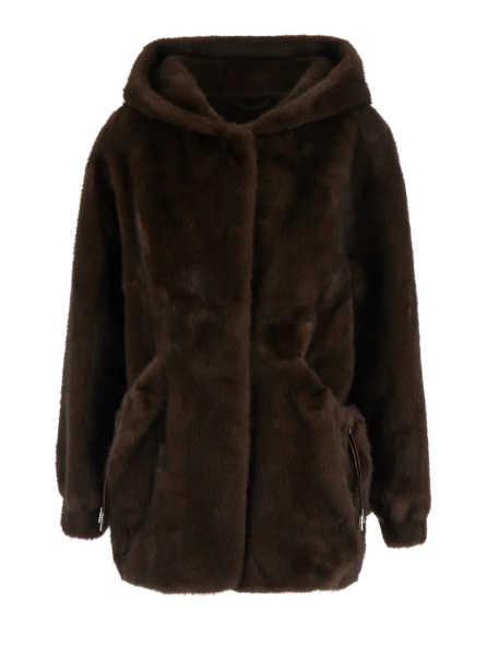 Palton Brown Fur Hooded Coat with Front Drawstring in Eco Fur for Women