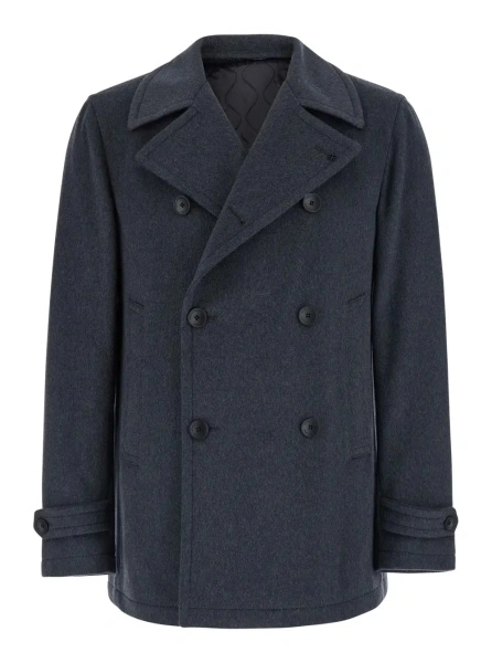 Palton Gray Coat with Notched Revers and Button Front Closure in Wool Men