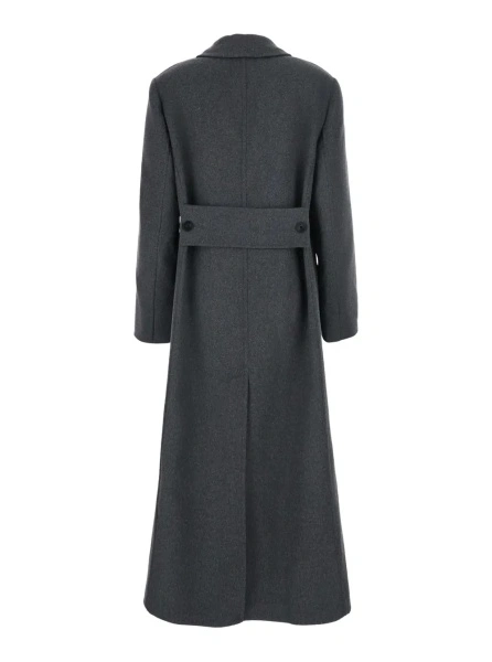 Palton Grey Coat with wide notched revers and belt on the back in wool and cashmere for women