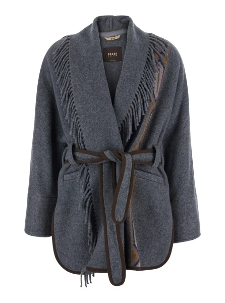 Palton 'Navajo' Bule Coat with front belt and geometric motif in fabric for women