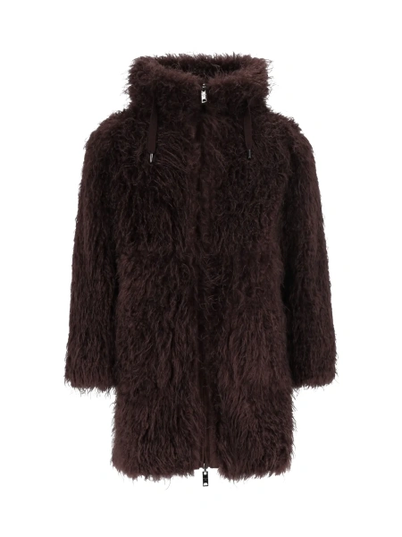 Palton REVERSIBLE FAUX MONGOLIAN FUR SHORT COAT WITH HOOD