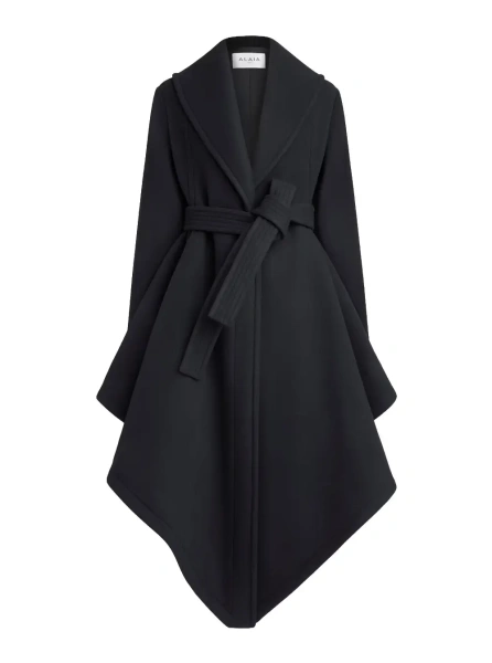 Palton Wrap coat with collar and long sleeves in black wool for women
