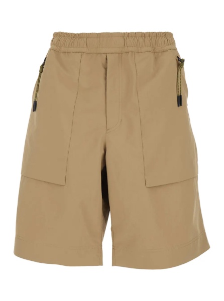 Pantaloni Beige Technical Fabric Bermuda Shorts with Elastic Waist and Logo Patch on the Back for Men