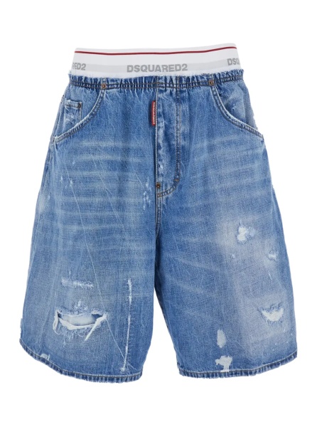 Pantaloni Blue Shorts with Elastic Waist with Logo Lettering and Five-Pocket Design in Denim Men