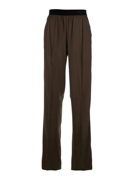 Pantaloni Brown Pants with Elastic Waist and logo lettering in Stretch Silk for Women