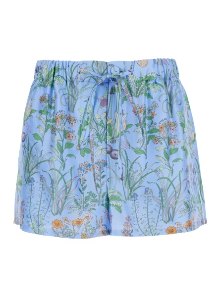 Pantaloni Light blue Shorts with elasticated waist and drawstring and all-over floral print in silk for women