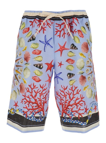 Pantaloni Multicolor Shorts with Elastic Drawstring and All-Over Print in Linen Man