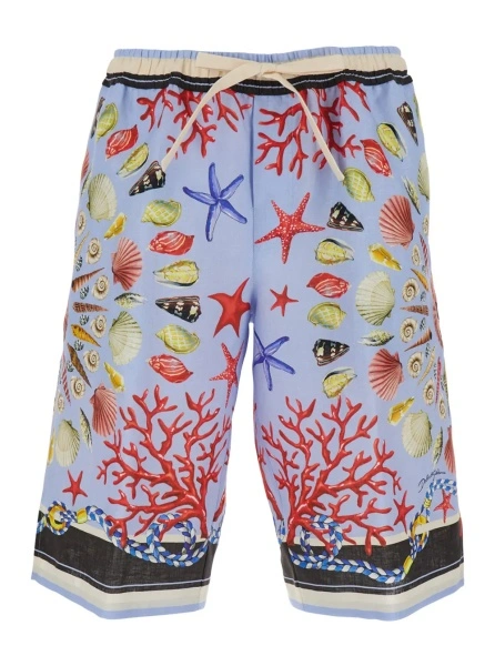 Pantaloni Multicolor Shorts with Elastic Drawstring and All-Over Print in Linen Man