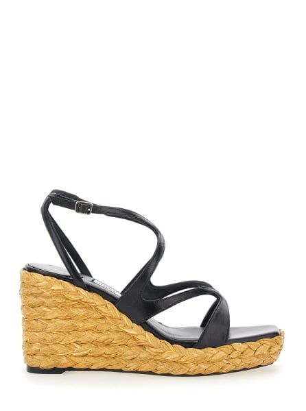 Pantofi 'Ayla' Black Wedges with Leather Ankle Strap and High Heel in Leather and Fabric Woman