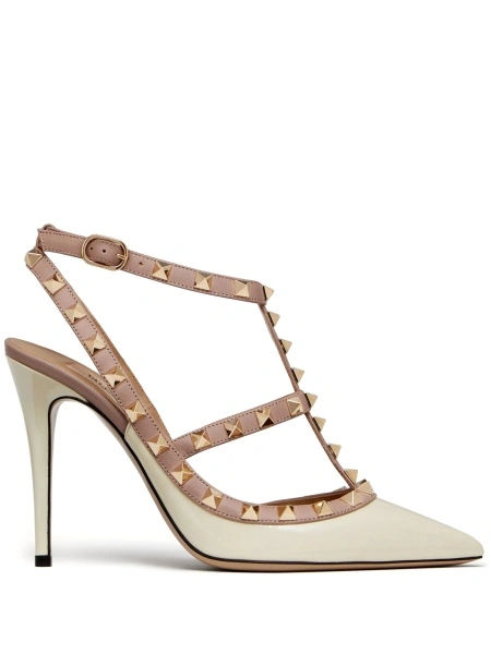 Pantofi cu toc Valentino Garavani Rockstud neutri din piele si metal