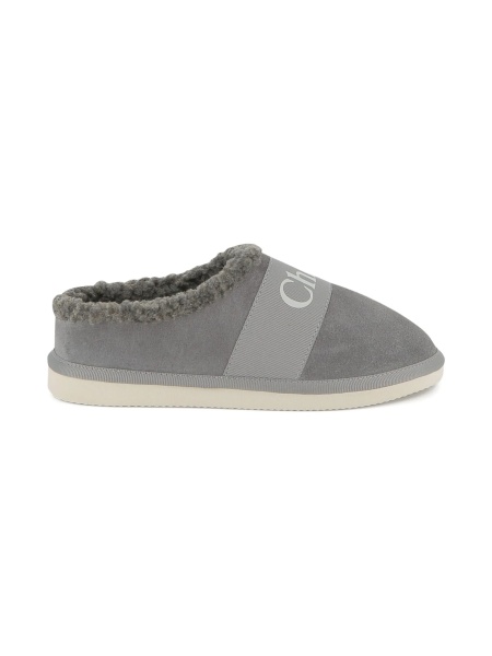 Papuci Chloe gri din piele intoarsa si material textil
